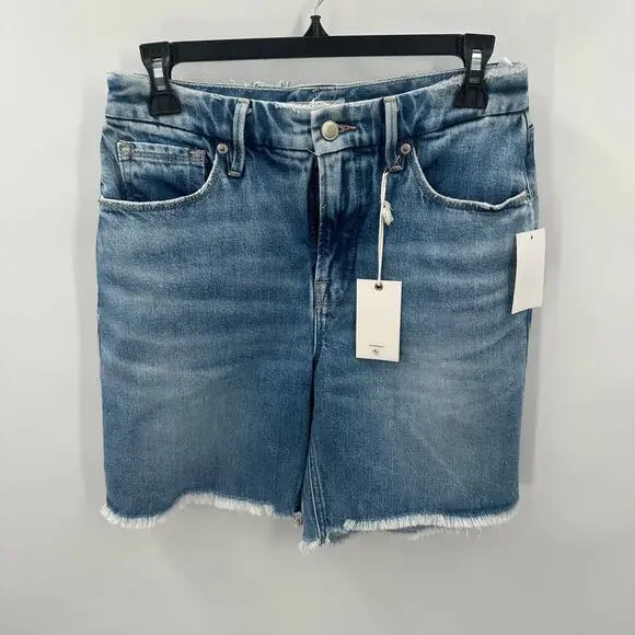 GOOD AMERICAN NWT 90's Icon Bermuda Denim Jean Raw Hem Short in Indigo073 // 2 - Picture 3 of 10